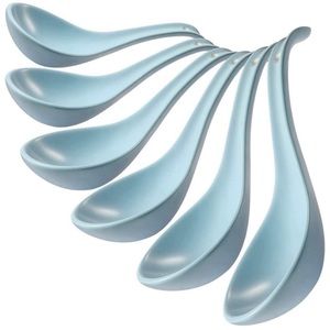 Ultra Fine Ceramic Asian Soup Spoons Set Of 6 Blue Deep Oval Hook Design 6.75”